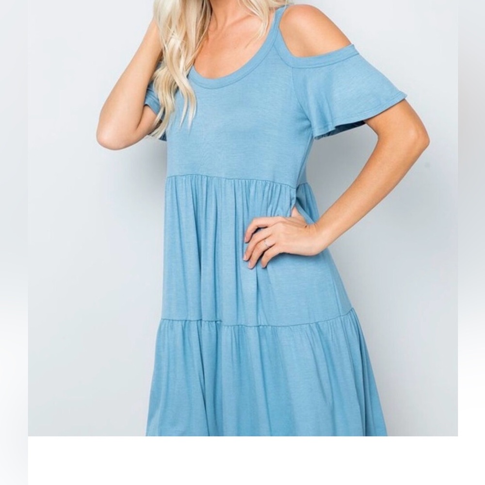 B6 Colder Shoulder Babydoll Stretch Dress - Chambray Blue   Like new